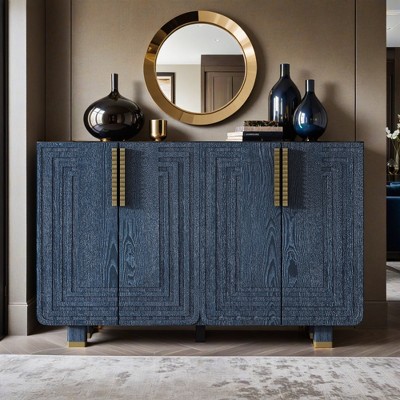 54" Retro Buffet Cabinet with Storage, 4-Door Vintage Fluted Sideboard Cabinet with Adjustable Shelves - Leovsnove