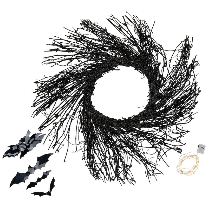 Northlight Black Halloween Twig Wreath with Bats and Warm White Lights, 22-Inch, 3 of 7