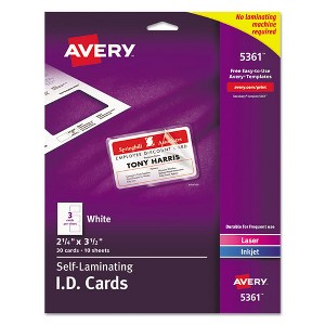 Avery Laminated Laser/Inkjet ID Cards, 2 1/4 x 3 1/2, White, 30/Box - 1 of 4