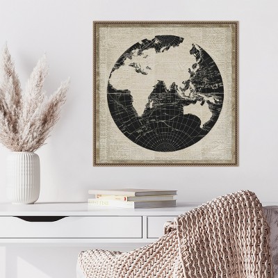 World News Map II Navy Canvas Print with Bronze Frame