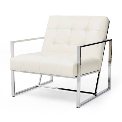 Mid-Century Chrome-Plated White Faux Leather Accent Chair