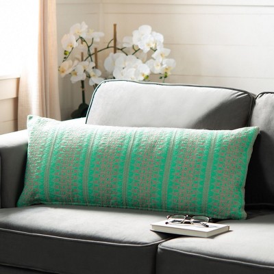 Teal and Beige Embroidered Rectangular Throw Pillow
