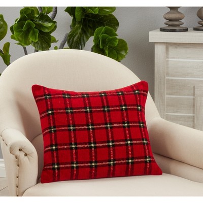 Red Plaid Chenille Poly Filled Square Throw Pillow