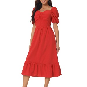 Seta T Women's Summer Square Neck Puff Short Sleeve Smocked Back Midi Dress with Pockets - 1 of 4