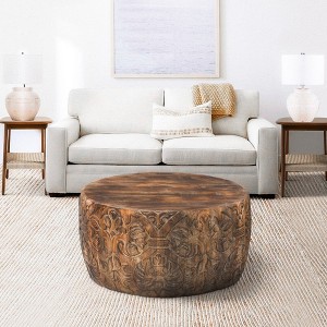 Royal Hampton Rea 34 Inch Handcrafted Mango Wood Coffee Table, Round Drum Shape, Carved Damask Pattern - 1 of 4