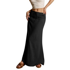 Women's Drawstring Elastic Waist Casual Skirt Tie Front A Line Maxi Skirt - 1 of 4