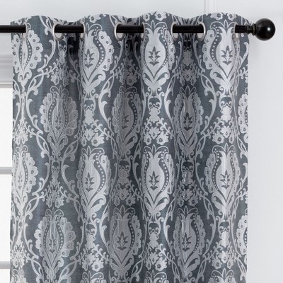 Blue Jacquard Damask Room-Darkening Grommet Curtain Panels, 52x63 Inches