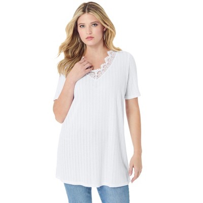 Roaman's Women's Plus Size V Neck Pointelle Tee