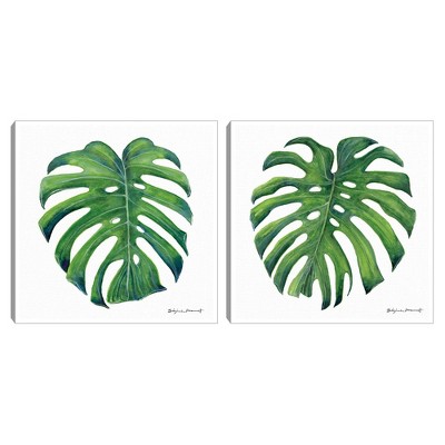 (Set of 2) 19" x 19" Green Palm Leaf Left & Right by Stephanie Marrott Framed Wall Canvases - Masterpiece Art Gallery