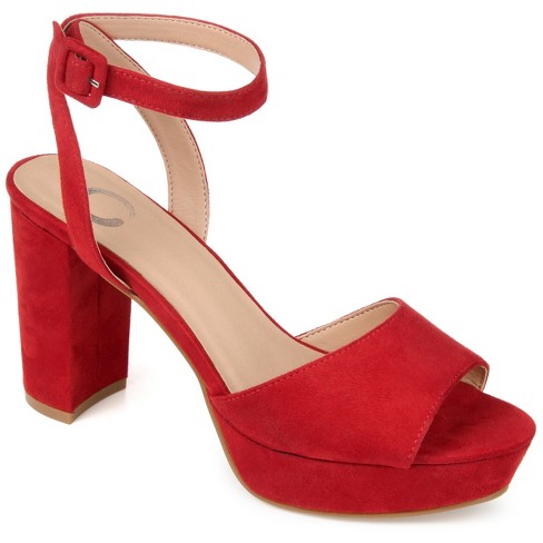 Women's Red Ankle Strap Open Toe Block Heels