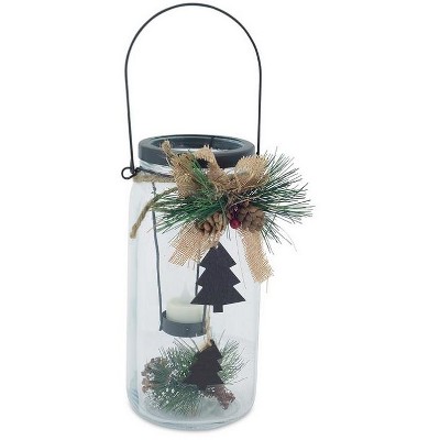 Melrose 9.75" Country Cabin Glass Jar with Dangling Tree Accent Christmas Tea Light Candle Holder