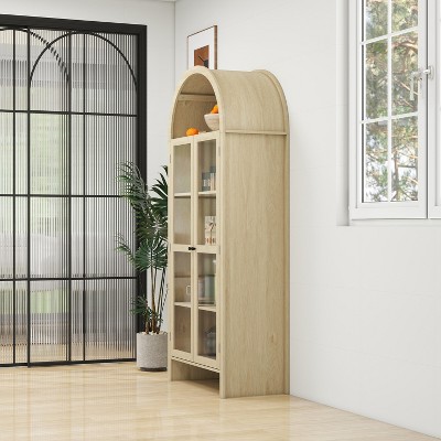 Arched Storage Cabinet With LED Lights And Glass Doors 70" Arched Kitchen Pantry Cabinet With LED Lights - Glass Door Storage With Drawers, White Arched Kitchen Storage Cabinet
