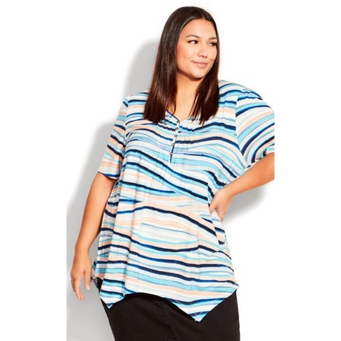 AVENUE | Women's Plus Size Sharkbite Print Top - blue stripe - 26W/28W