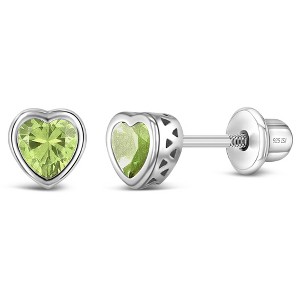 Girl's CZ Birthstone Heart Screw Back Sterling Silver Earrings - In Season Jewelry - 1 of 4