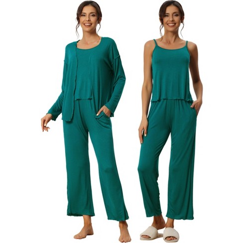 cheibear Womens Modal Knit Soft Long Sleeve Cardigan Cami and Pants Pajama  Set 3 Pcs Green X-Large