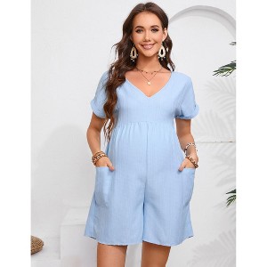 Coolmee Women's Jumpsuits V Neck Casual Summer Rolled Cuff Short Sleeve Wide Leg Short Pants High Waist Tunic Rompers with Side Pockets M Blue - 1 of 4