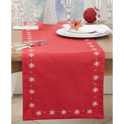 Red Cotton Winter Snowflake Embroidered Table Runner
