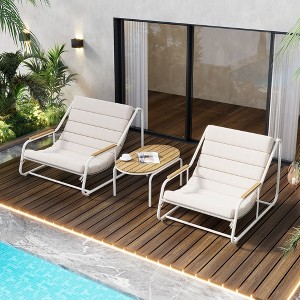 VASIP Set of 3 Outdoor Chaise Lounge Set - Pool Lounge Chairs with Acacia Side Table for Patio, Lawn, Deck and Beach (Beige White) - 1 of 4