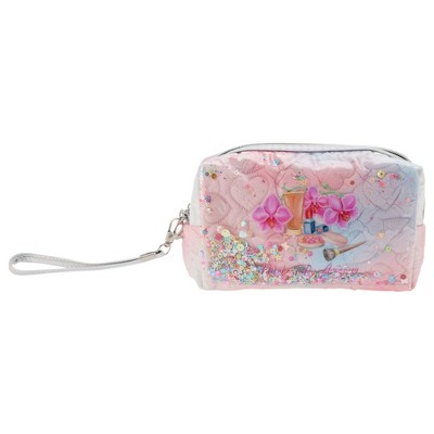 Unique Bargains Women's Portable Sequin Heart Makeup Bag Blue Pink 1 Pc