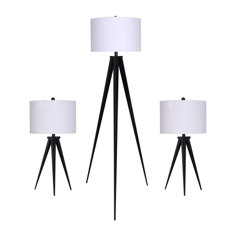 SAGEBROOK HOME (Set of 3) 23&#34; Metal Two Table Tripod Lamps and 60&#34; Metal Floor Tripod Lamp Black, 1 of 2