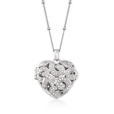 Ross-Simons Sterling Silver Heart Locket Pendant Necklace With Diamond Accents