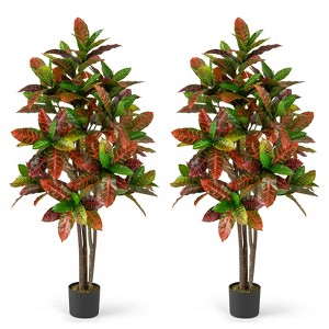 Tangkula 2PCS 5 FT Artificial Croton Plant w/ Multi-colored PEVA Leaves Solid Wood Trunk - 1 of 4