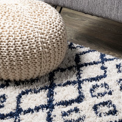Ivory and Navy Moroccan Diamond Shag Area Rug