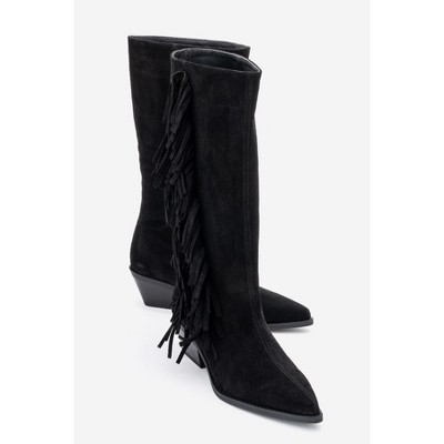 Orlo - Black Suede Genuine Leather Fringed Western Boot (Women) | Forever & Always Shoes