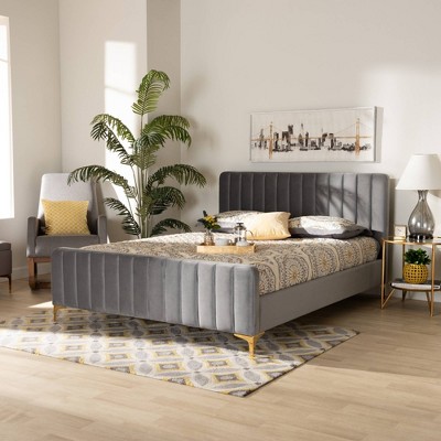 Nami Light Grey Velvet Upholstered King Bed with Tufted Headboard