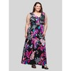 24seven Comfort Apparel Plus Size Black and Pink  Print V Neck Empire Waist Sleeveless Maxi Dress - 2 of 4