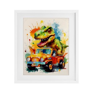 Stupell Industries Riding In Back Dino Car Framed Print Under Glass Art, White, 13" x 16" - 1 of 4