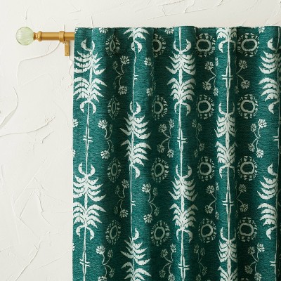 Photo 1 of 1pc 50&#34;x84&#34; Blackout Palm Frond Chenille Jacquard Window Curtain Panel Teal Green