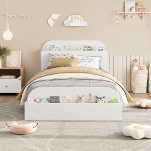 Twin Size Bed Frame with Storage Headboard & Raised-Footboard, Floor Low Platform Bed, Sturdy Wooden Slats Support, No Box Spring Needed - 1 of 4