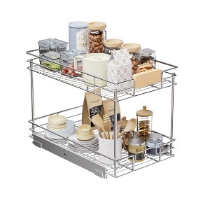 2-Tier Pull-Out Organizer under Cabinet Storage for Kitchen with Wooden Handle - 1 of 4