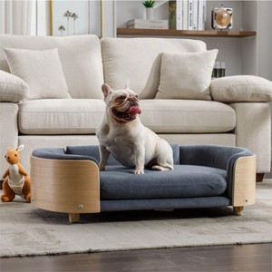 Bulldog Large Dog Beds With Removable Washable Cover, Velvet Cushion With Solid Wood legs and Bent Wood Back-The Pop Home - 1 of 4