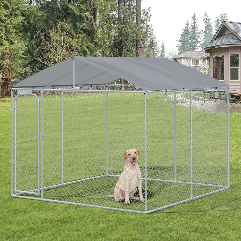 PawHut Outdoor Metal Dog Kennel, Pet Playpen with Steel Lock, Mesh Sidewalls and Cover for Backyard & Patio, 4 of 9