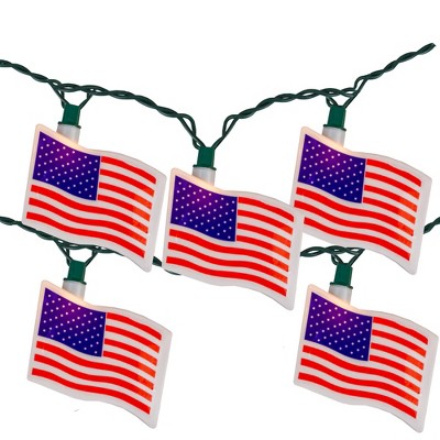 Kurt S. Adler 10-Count Red and Blue Patriotic Flag Light Set, 12ft Green Wire