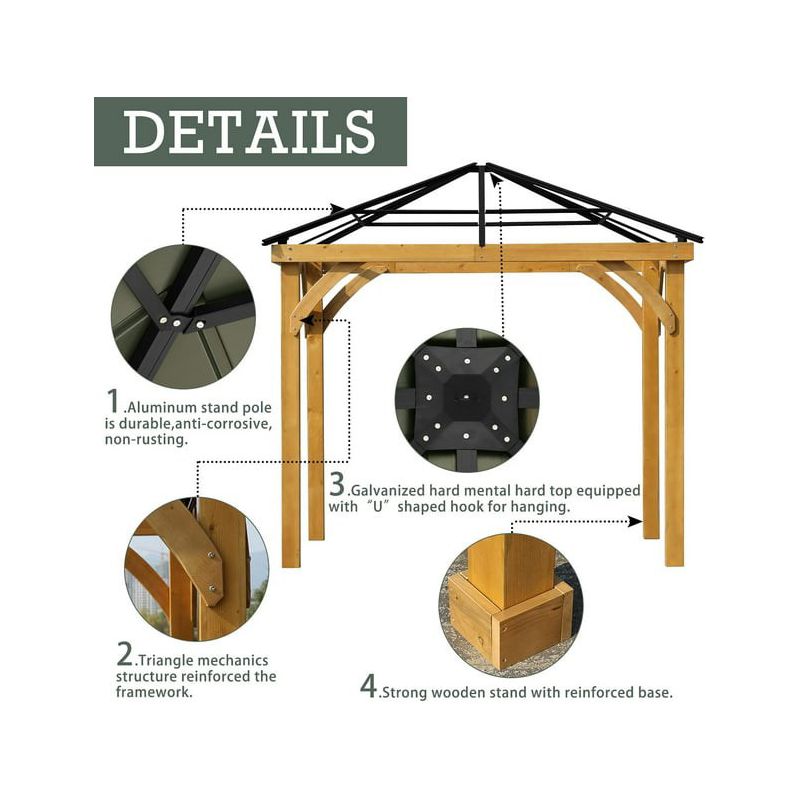 Aoodor Patio Solid Wooden Gazebo 10 x 10 ft. Hardtop Roof for Garden, 2 of 6