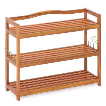 Costway 3-Tier  Wood Shoe Rack Solid Acacia Wood Shoe Shelf with Side Metal Hooks