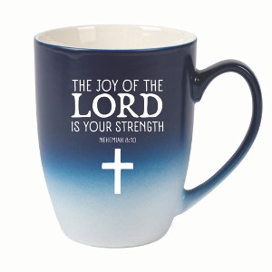 The Joy Of The Lord Is Your Strength Nehemiah 8:10 Two Toned Ombre Matte 10 ounce New Bone China Coffee Tea Cup Mug, Navy Blue and White - 1 of 4