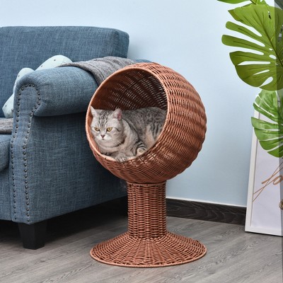 Small Round Brown Rattan Elevated Cat Bed with Cotton Cushion
