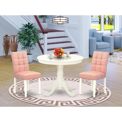 East West Furniture 3 Piece Dining Table Set, A Wood Table and 2 Beige Red Faux Leather Mid-Century Dining Chairs with Stylish Back