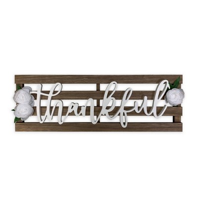 8" x 25" Thankful Raised Word Slatted Wall Set with Faux Flowers White - New View