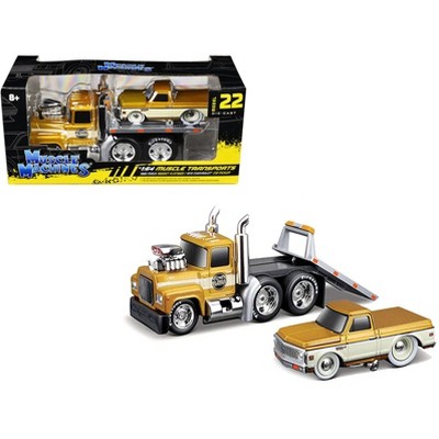 1980 Mack A685ST Flatbed Gold Met w/Beige & 1972 Chevrolet C10 Truck Gold Met and Beige 1/64 Die Cast Models by Muscle Machines