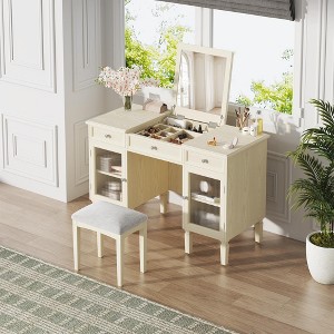 HDZNVF 2 in 1 Vanity Desk with Flip Top Mirror, Dressing Table Set with Drawer and Cabinet, White Oak - 1 of 4