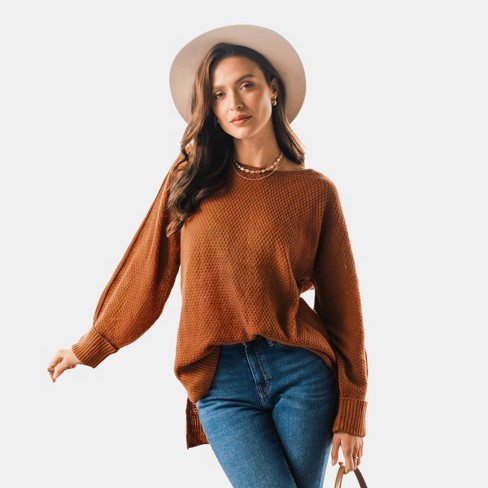 Women's Neutral Split Hem Relaxed Sweater - Cupshe-M-Orange