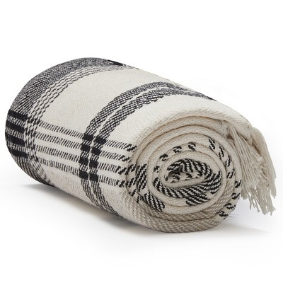 Rustic Beige and Black Cotton Plaid Throw Blanket with Fringe