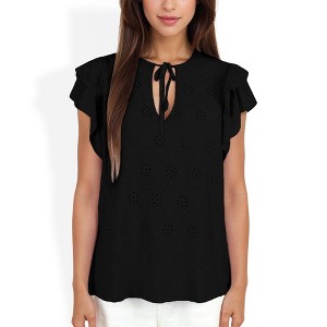 Anna-Kaci Women's Eyelet Ruffle Sleeve Top with Keyhole Tie Front for Casual Looks - 1 of 4