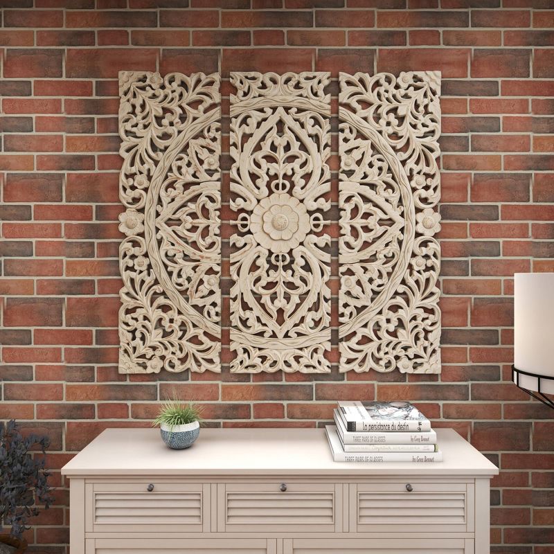Wood Floral Handmade Intricately Carved Wall Decor with Mandala Design Set of 3 Beige - Olivia &#38; May, 5 of 22