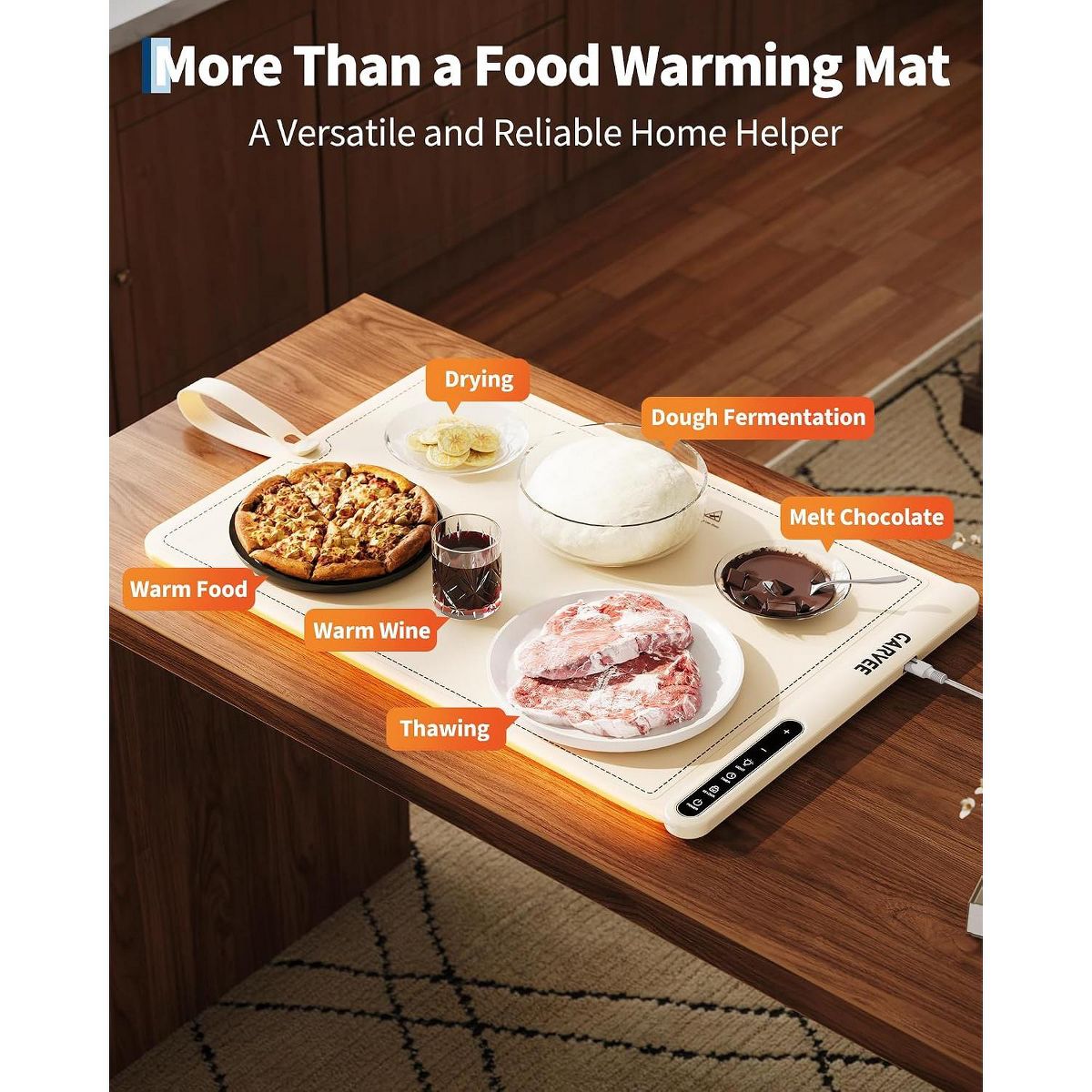 25×16 Inch Silicone Food Warming Mat 500W 8‑Level Temp with Digital Display, Ambient Light, Child Lock, Silicone Fastener, BW668 US Plug - thumbnail 3